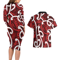 Aotearoa Maori Kowhaiwhai Couples Matching Long Sleeve Bodycon Dress and Hawaiian Shirt Whero Puhoro and Patiki