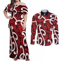 Aotearoa Maori Kowhaiwhai Couples Matching Off Shoulder Maxi Dress and Long Sleeve Button Shirt Whero Puhoro and Patiki