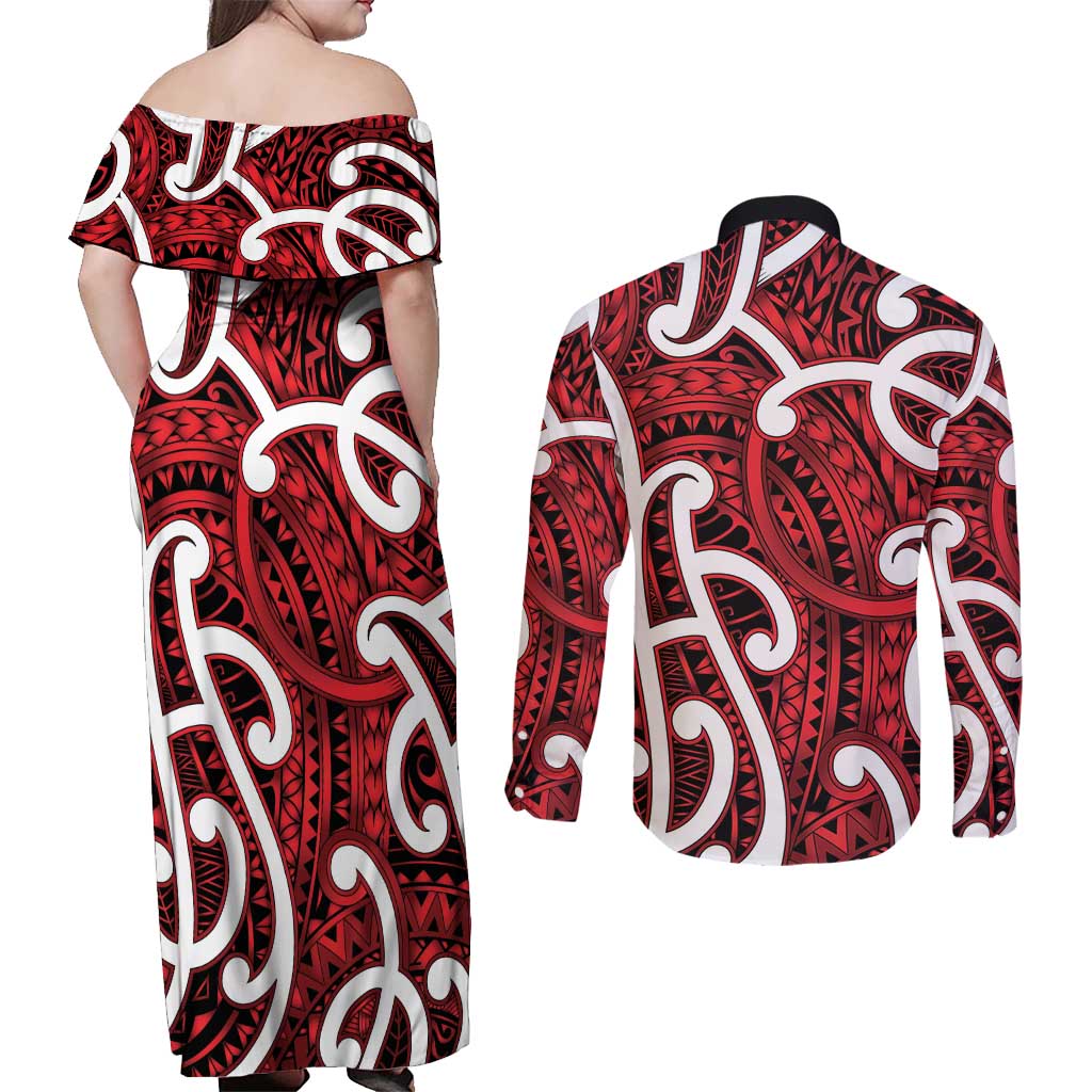 Aotearoa Maori Kowhaiwhai Couples Matching Off Shoulder Maxi Dress and Long Sleeve Button Shirt Whero Puhoro and Patiki