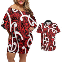 Aotearoa Maori Kowhaiwhai Couples Matching Off Shoulder Short Dress and Hawaiian Shirt Whero Puhoro and Patiki