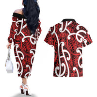Aotearoa Maori Kowhaiwhai Couples Matching Off The Shoulder Long Sleeve Dress and Hawaiian Shirt Whero Puhoro and Patiki