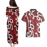 Aotearoa Maori Kowhaiwhai Couples Matching Puletasi and Hawaiian Shirt Whero Puhoro and Patiki