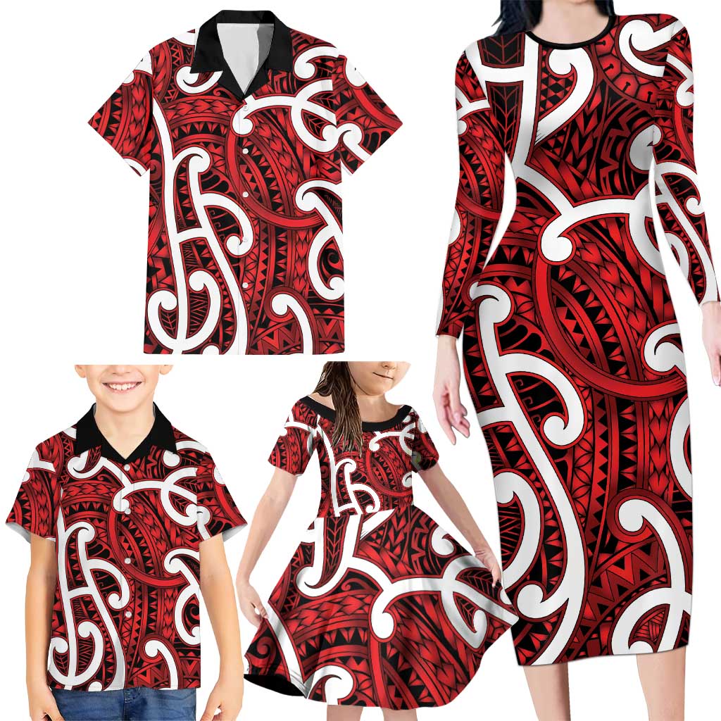 Aotearoa Maori Kowhaiwhai Family Matching Long Sleeve Bodycon Dress and Hawaiian Shirt Whero Puhoro and Patiki LT9 - Polynesian Pride