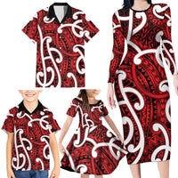 Aotearoa Maori Kowhaiwhai Family Matching Long Sleeve Bodycon Dress and Hawaiian Shirt Whero Puhoro and Patiki