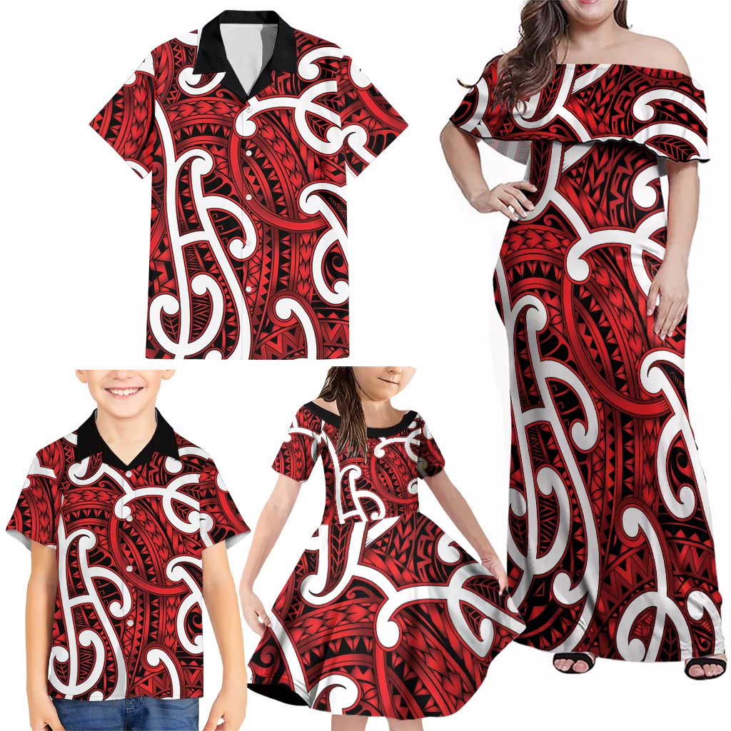 Aotearoa Maori Kowhaiwhai Family Matching Off Shoulder Maxi Dress and Hawaiian Shirt Whero Puhoro and Patiki