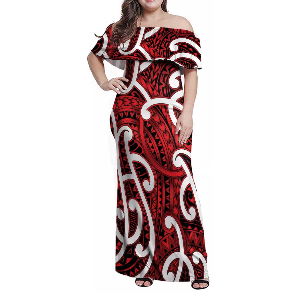 Aotearoa Maori Kowhaiwhai Family Matching Off Shoulder Maxi Dress and Hawaiian Shirt Whero Puhoro and Patiki