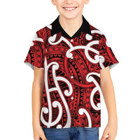 Aotearoa Maori Kowhaiwhai Family Matching Off Shoulder Short Dress and Hawaiian Shirt Whero Puhoro and Patiki