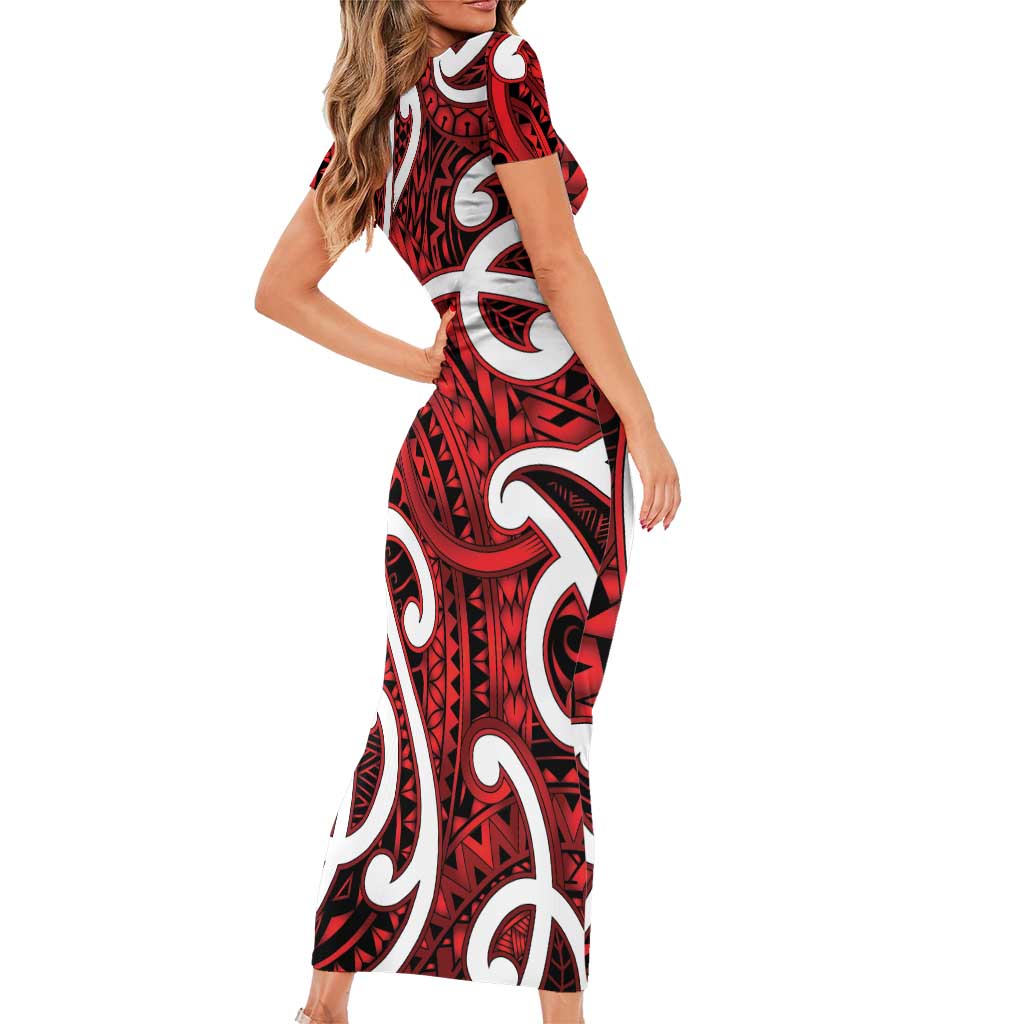 Aotearoa Maori Kowhaiwhai Family Matching Short Sleeve Bodycon Dress and Hawaiian Shirt Whero Puhoro and Patiki