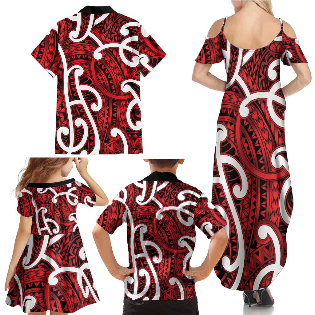 Aotearoa Maori Kowhaiwhai Family Matching Summer Maxi Dress and Hawaiian Shirt Whero Puhoro and Patiki
