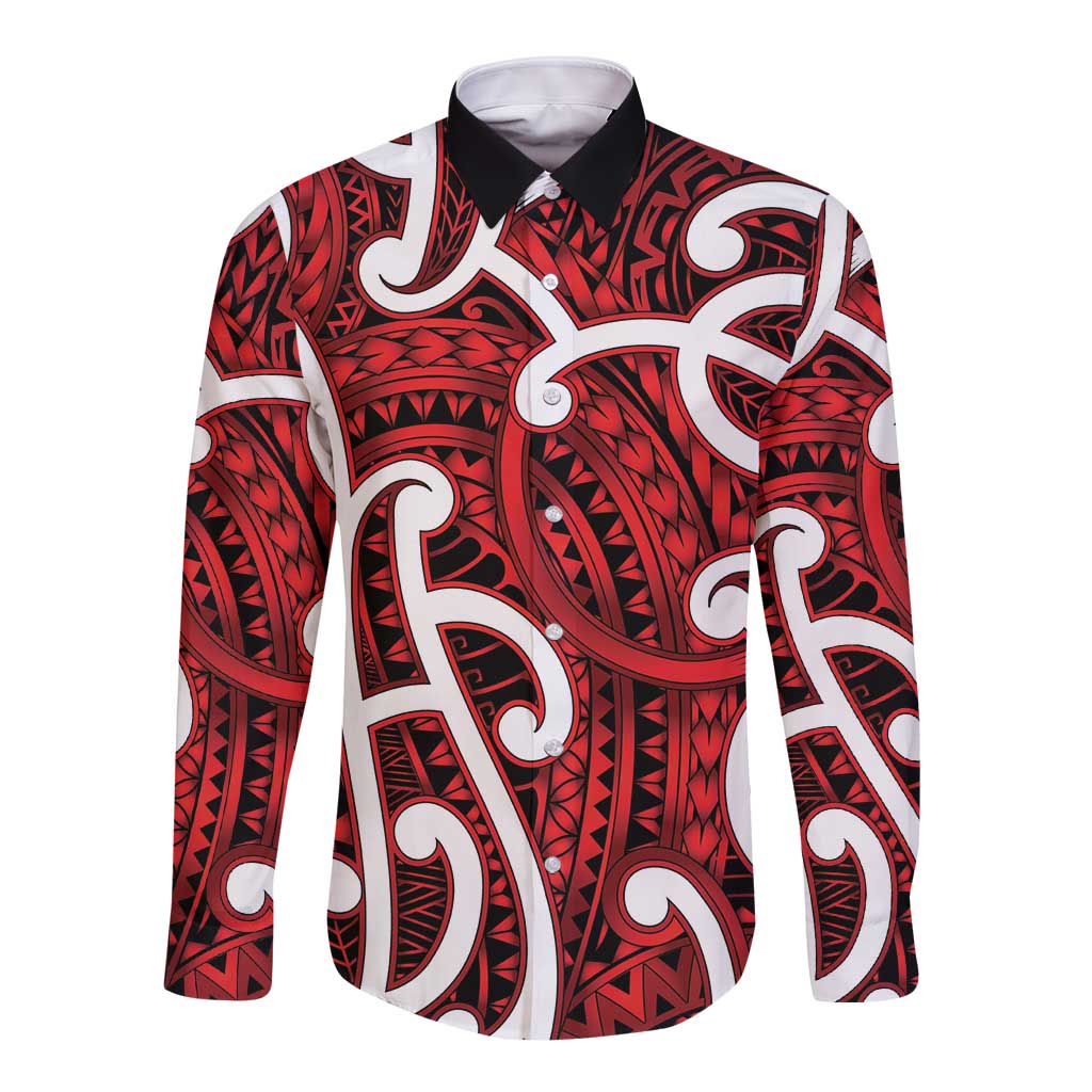 Aotearoa Maori Kowhaiwhai Long Sleeve Button Shirt Whero Puhoro and Patiki LT9 Unisex Red - Polynesian Pride