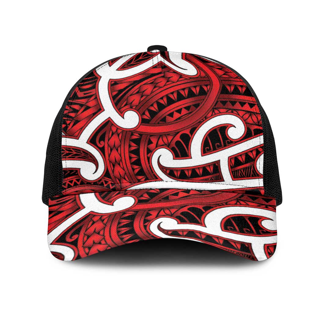 Aotearoa Maori Kowhaiwhai Mesh Trucker Cap Whero Puhoro and Patiki LT9 One Size Black Red - Polynesian Pride