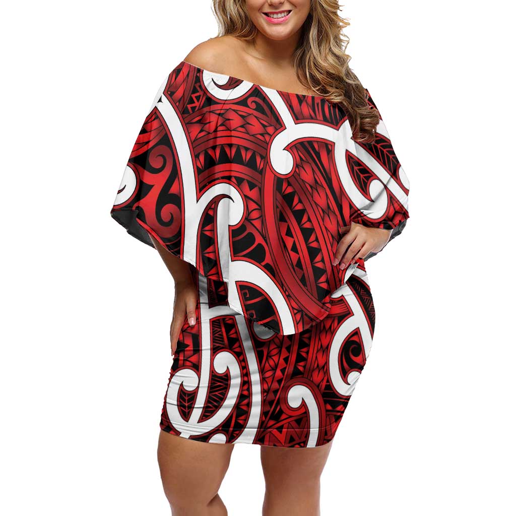 Aotearoa Maori Kowhaiwhai Off Shoulder Short Dress Whero Puhoro and Patiki
