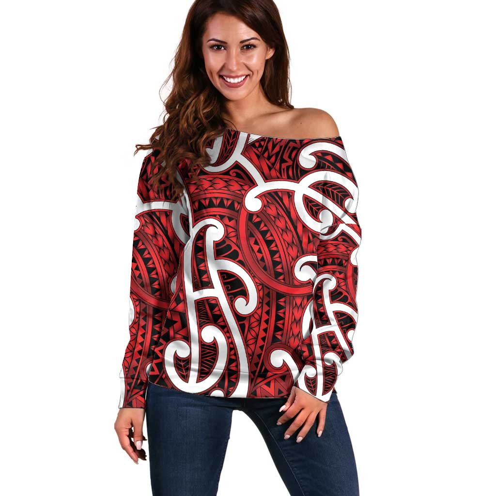 Aotearoa Maori Kowhaiwhai Off Shoulder Sweater Whero Puhoro and Patiki