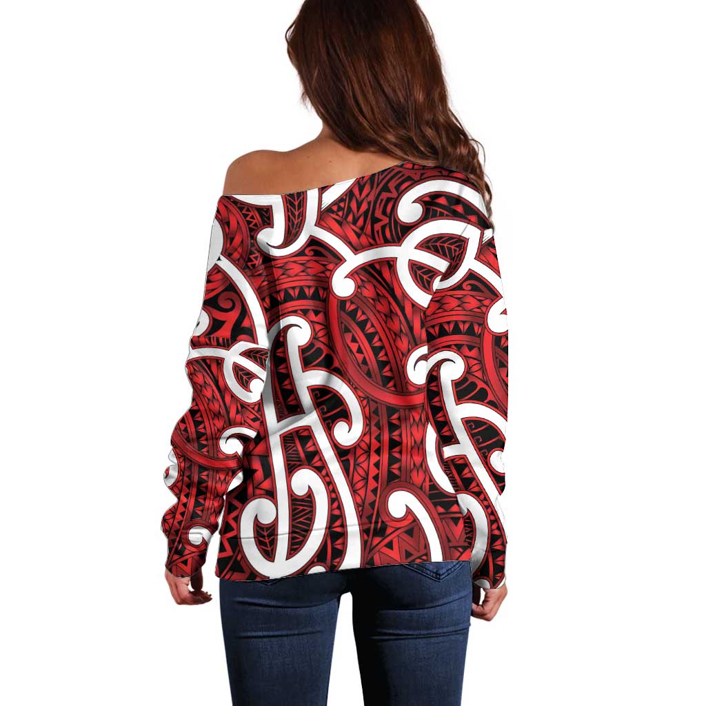 Aotearoa Maori Kowhaiwhai Off Shoulder Sweater Whero Puhoro and Patiki