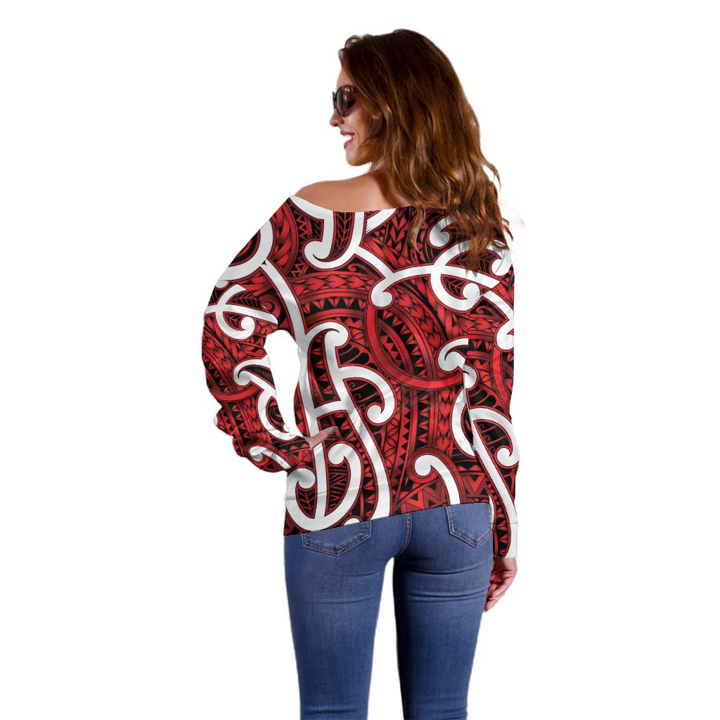 Aotearoa Maori Kowhaiwhai Off Shoulder Sweater Whero Puhoro and Patiki