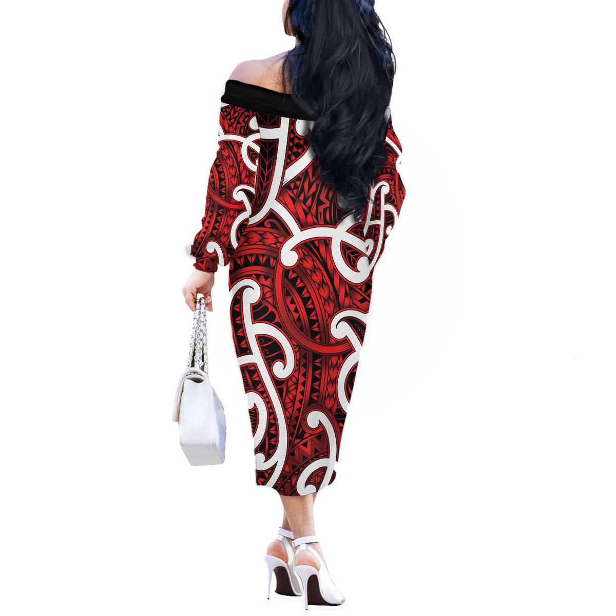Aotearoa Maori Kowhaiwhai Off The Shoulder Long Sleeve Dress Whero Puhoro and Patiki