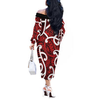 Aotearoa Maori Kowhaiwhai Off The Shoulder Long Sleeve Dress Whero Puhoro and Patiki