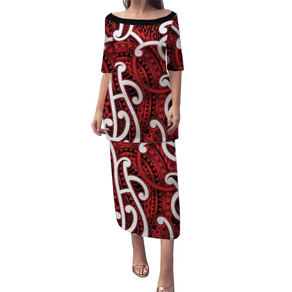 Aotearoa Maori Kowhaiwhai Puletasi Whero Puhoro and Patiki LT9 Long Dress Red - Polynesian Pride