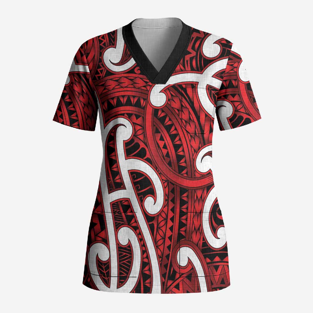 Aotearoa Maori Kowhaiwhai Scrub Top Whero Puhoro and Patiki LT9 Adult Red - Polynesian Pride