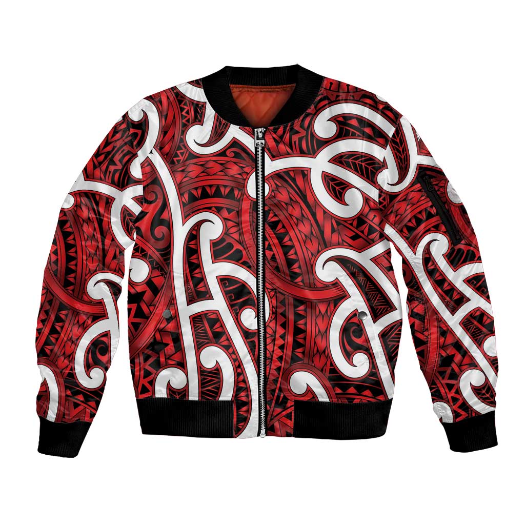 Aotearoa Maori Kowhaiwhai Sleeve Zip Bomber Jacket Whero Puhoro and Patiki LT9 Unisex Red - Polynesian Pride