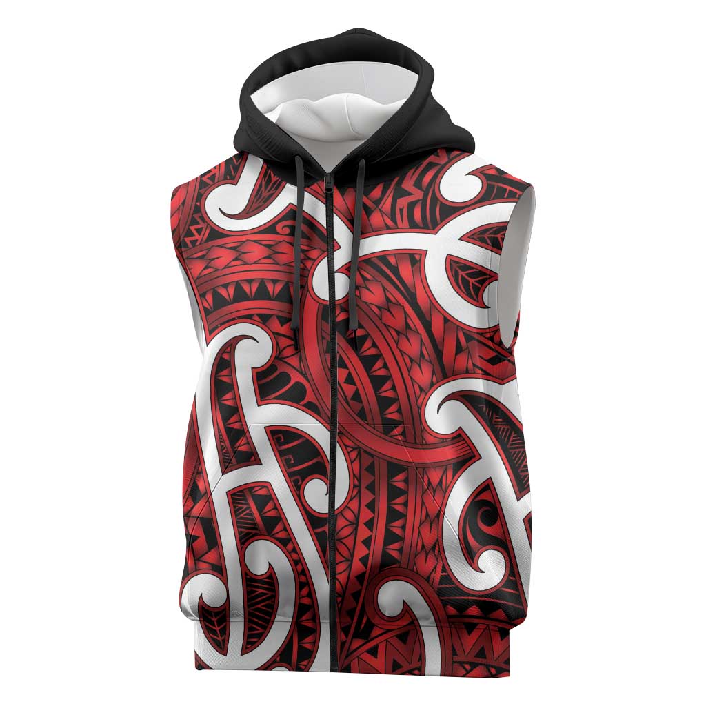 Aotearoa Maori Kowhaiwhai Sleeveless Zip Hoodie Whero Puhoro and Patiki LT9 Red - Polynesian Pride