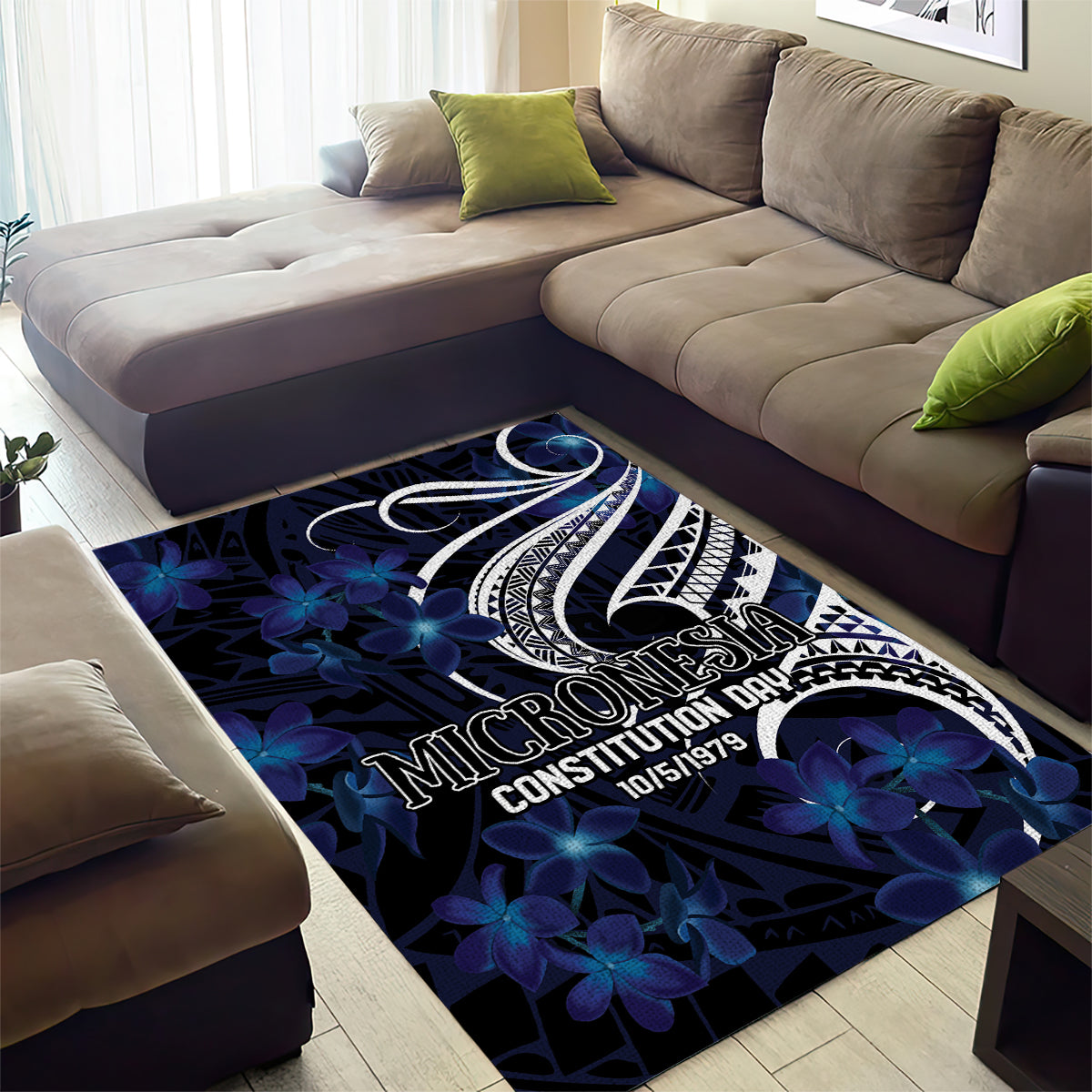 Micronesia Constitution Day Area Rug Since 1979 with Polynesian Hibiscus Pattern
