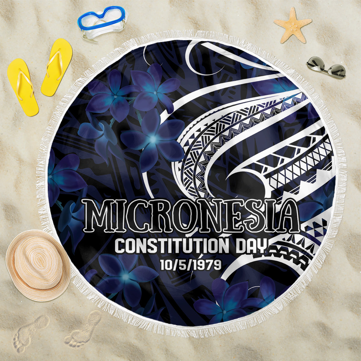 Micronesia Constitution Day Beach Blanket Since 1979 with Polynesian Hibiscus Pattern LT9 One Size 150cm Blue - Polynesian Pride
