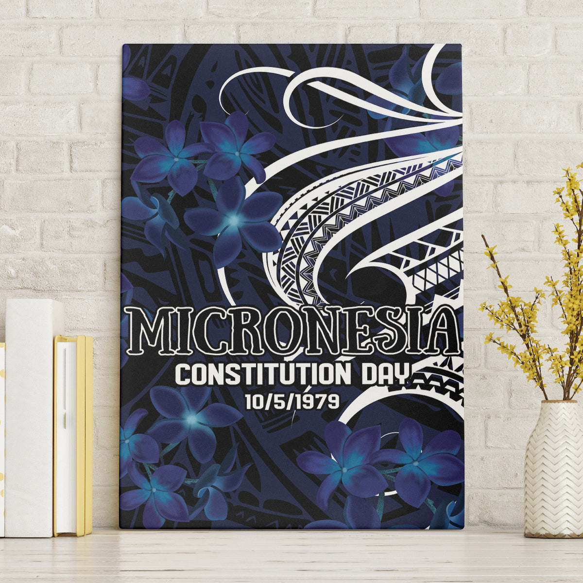 Micronesia Constitution Day Canvas Wall Art Since 1979 with Polynesian Hibiscus Pattern LT9 Without Frame Blue - Polynesian Pride