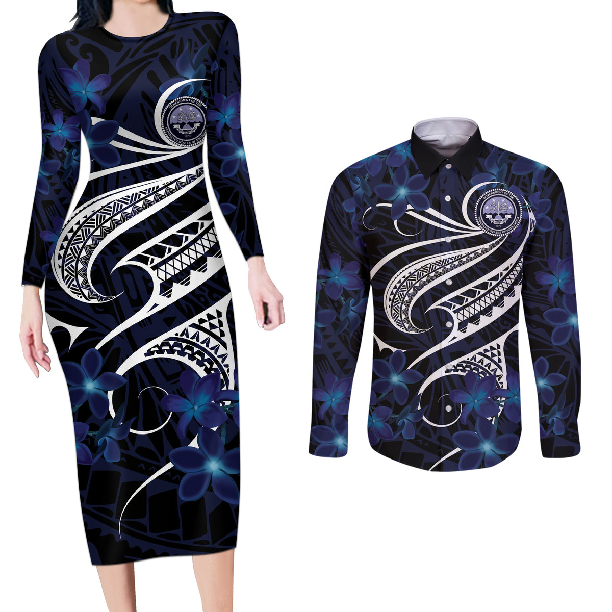 Micronesia Constitution Day Couples Matching Long Sleeve Bodycon Dress and Long Sleeve Button Shirt Since 1979 with Polynesian Hibiscus Pattern LT9 Blue - Polynesian Pride