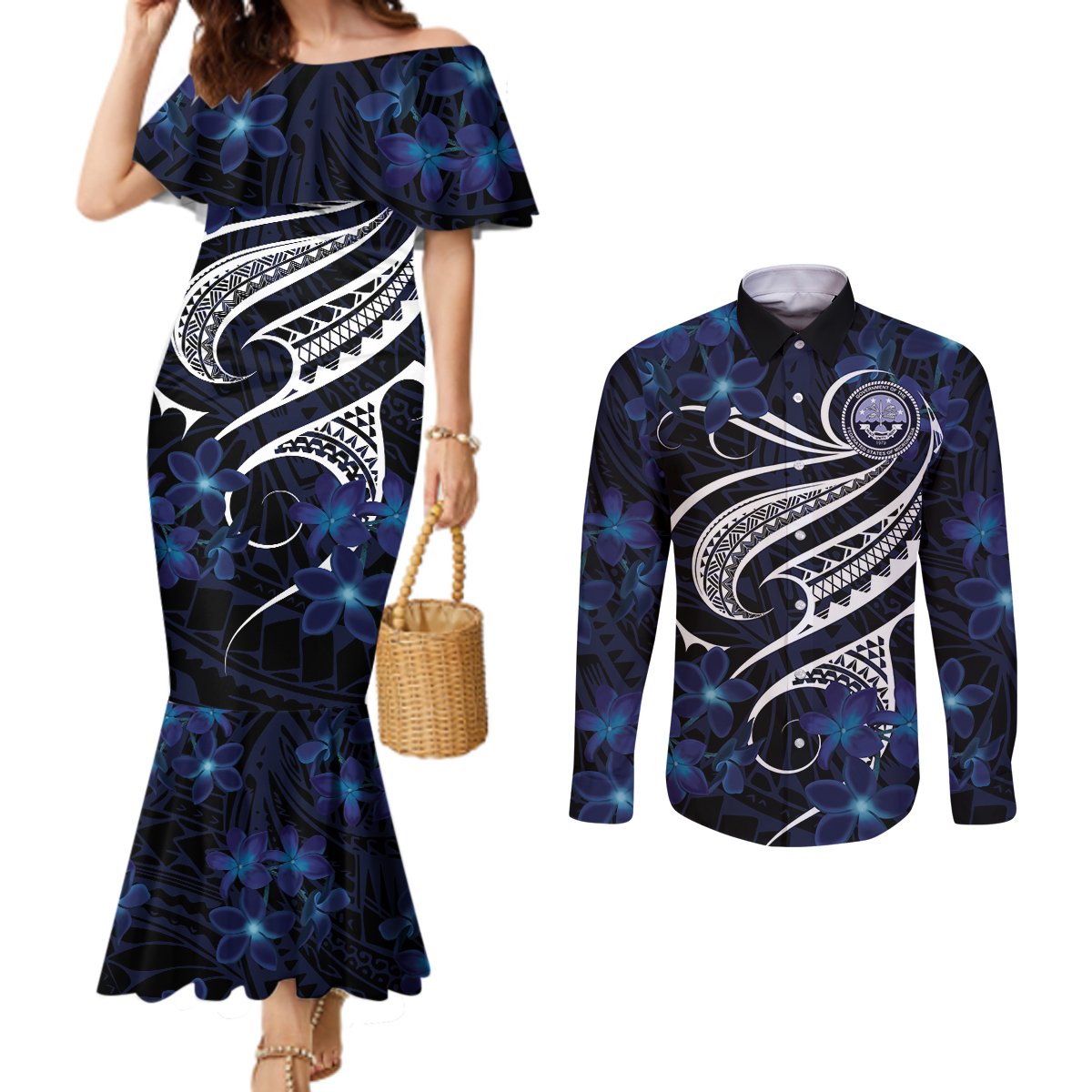 Micronesia Constitution Day Couples Matching Mermaid Dress and Long Sleeve Button Shirt Since 1979 with Polynesian Hibiscus Pattern LT9 Blue - Polynesian Pride
