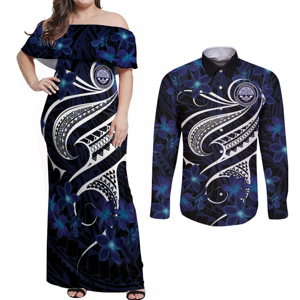 Micronesia Constitution Day Couples Matching Off Shoulder Maxi Dress and Long Sleeve Button Shirt Since 1979 with Polynesian Hibiscus Pattern LT9 Blue - Polynesian Pride