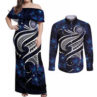 Micronesia Constitution Day Couples Matching Off Shoulder Maxi Dress and Long Sleeve Button Shirt Since 1979 with Polynesian Hibiscus Pattern LT9 Blue - Polynesian Pride