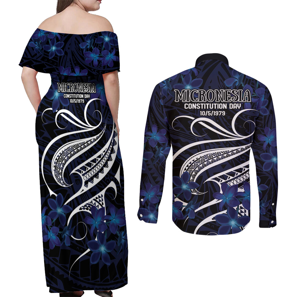 Micronesia Constitution Day Couples Matching Off Shoulder Maxi Dress and Long Sleeve Button Shirt Since 1979 with Polynesian Hibiscus Pattern LT9 - Polynesian Pride