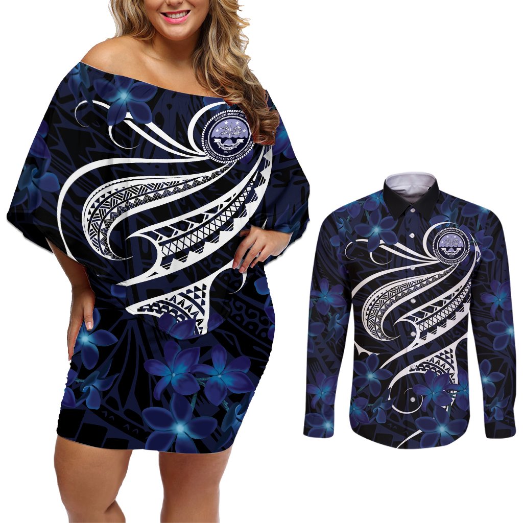 Micronesia Constitution Day Couples Matching Off Shoulder Short Dress and Long Sleeve Button Shirt Since 1979 with Polynesian Hibiscus Pattern LT9 Blue - Polynesian Pride