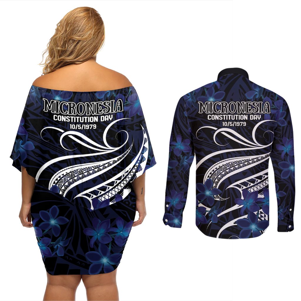 Micronesia Constitution Day Couples Matching Off Shoulder Short Dress and Long Sleeve Button Shirt Since 1979 with Polynesian Hibiscus Pattern LT9 - Polynesian Pride
