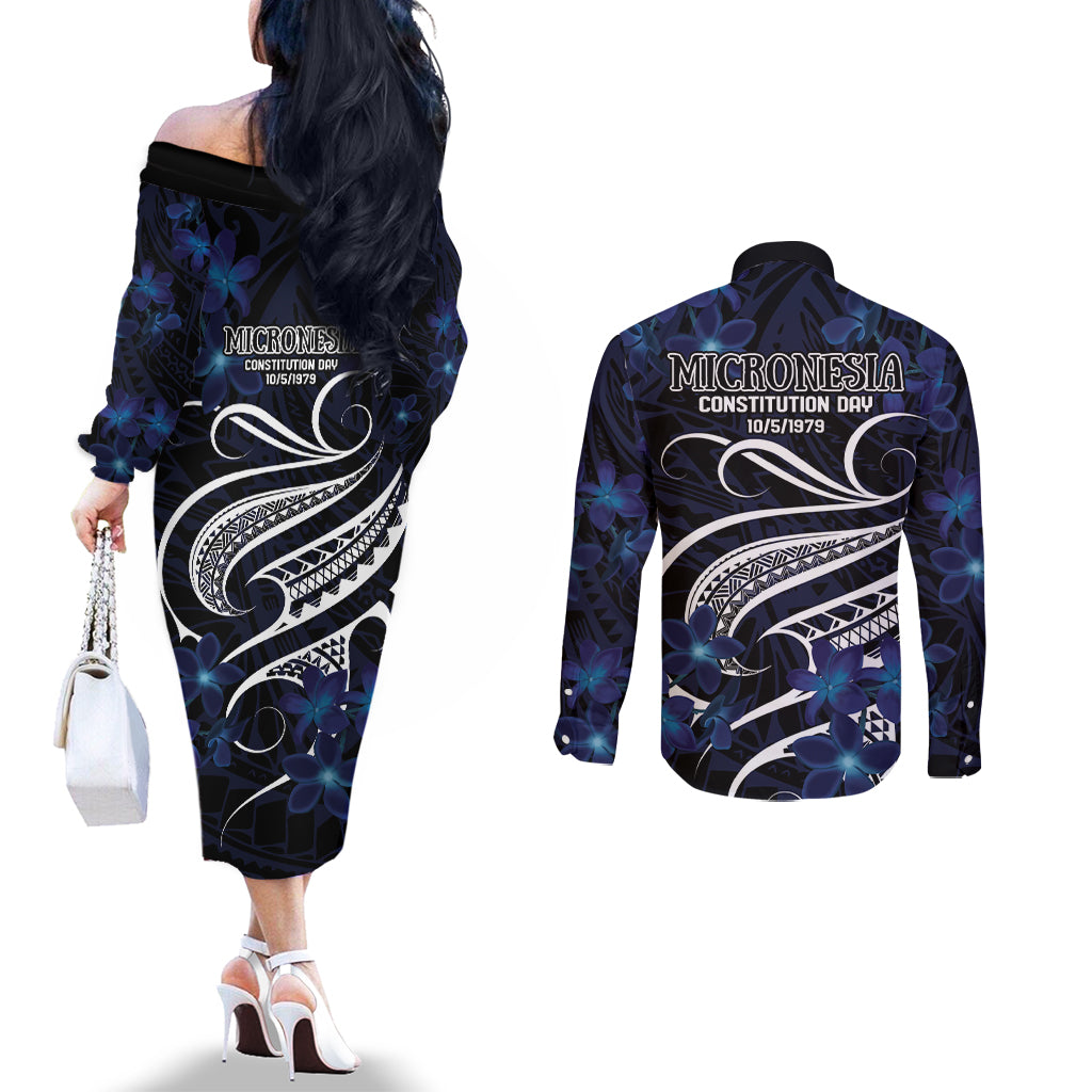 Micronesia Constitution Day Couples Matching Off The Shoulder Long Sleeve Dress and Long Sleeve Button Shirt Since 1979 with Polynesian Hibiscus Pattern LT9 - Polynesian Pride