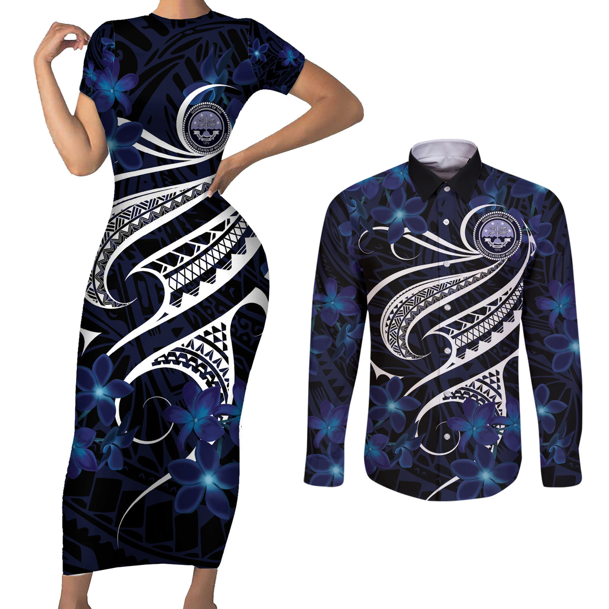 Micronesia Constitution Day Couples Matching Short Sleeve Bodycon Dress and Long Sleeve Button Shirt Since 1979 with Polynesian Hibiscus Pattern LT9 Blue - Polynesian Pride