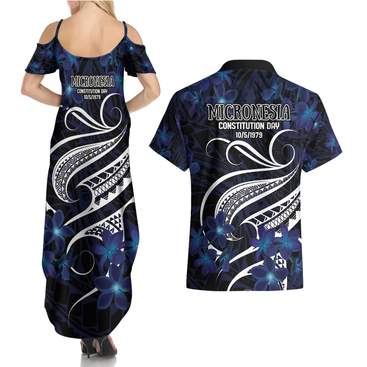 Micronesia Constitution Day Couples Matching Summer Maxi Dress and Hawaiian Shirt Since 1979 with Polynesian Hibiscus Pattern