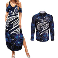 Micronesia Constitution Day Couples Matching Summer Maxi Dress and Long Sleeve Button Shirt Since 1979 with Polynesian Hibiscus Pattern LT9 Blue - Polynesian Pride