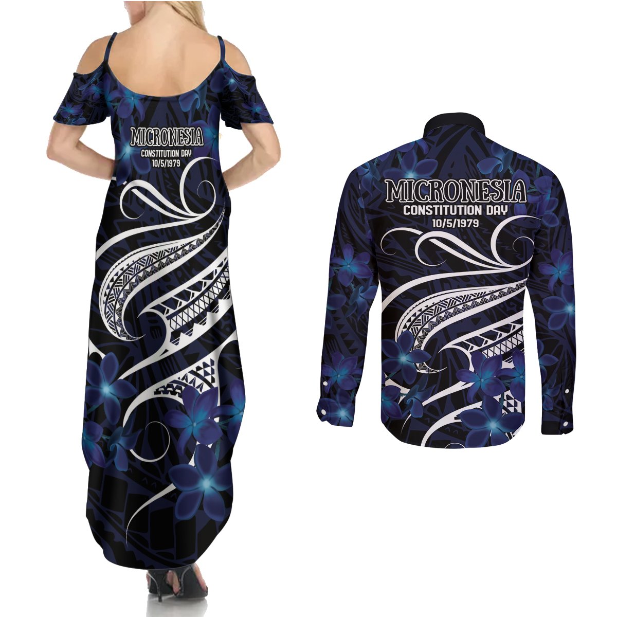 Micronesia Constitution Day Couples Matching Summer Maxi Dress and Long Sleeve Button Shirt Since 1979 with Polynesian Hibiscus Pattern LT9 - Polynesian Pride