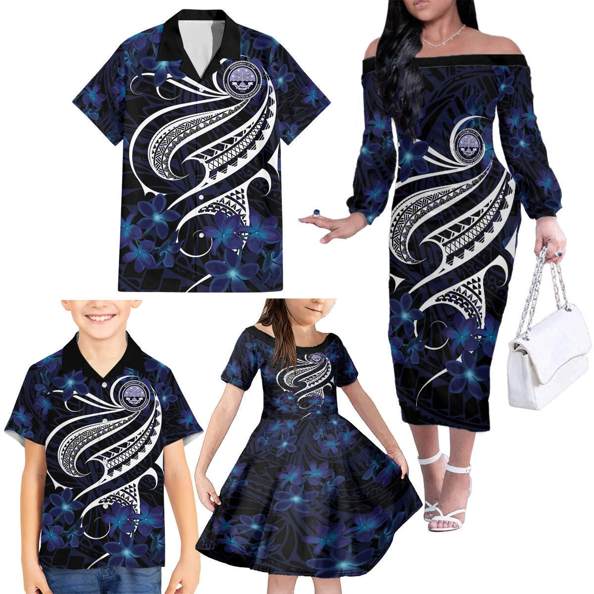 Micronesia Constitution Day Family Matching Off The Shoulder Long Sleeve Dress and Hawaiian Shirt Since 1979 with Polynesian Hibiscus Pattern