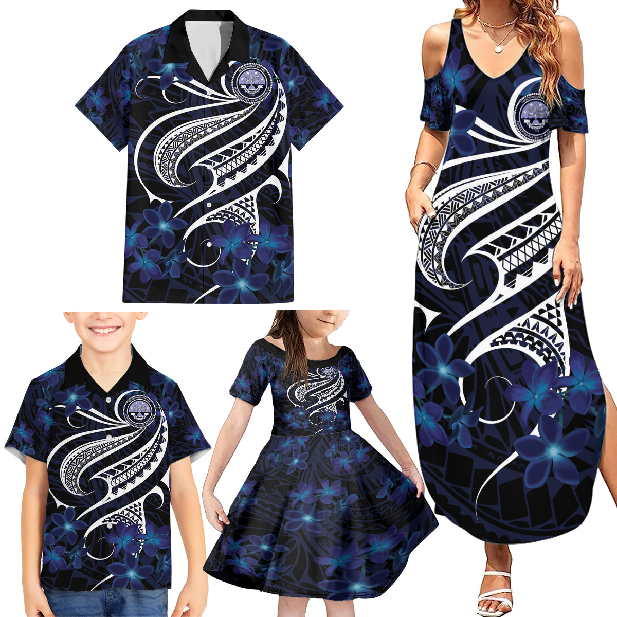 Micronesia Constitution Day Family Matching Summer Maxi Dress and Hawaiian Shirt Since 1979 with Polynesian Hibiscus Pattern