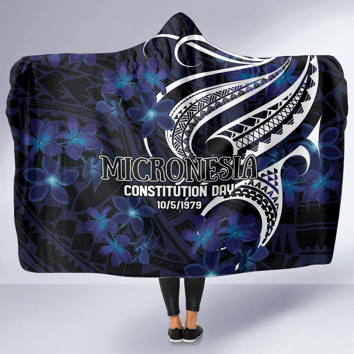 Micronesia Constitution Day Hooded Blanket Since 1979 with Polynesian Hibiscus Pattern LT9 - Polynesian Pride