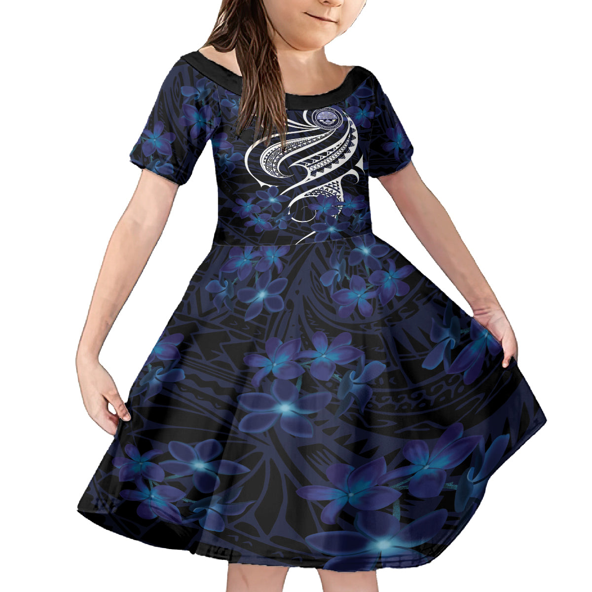 Micronesia Constitution Day Kid Short Sleeve Dress Since 1979 with Polynesian Hibiscus Pattern LT9 KID Blue - Polynesian Pride