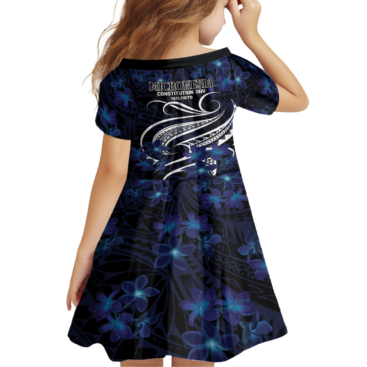 Micronesia Constitution Day Kid Short Sleeve Dress Since 1979 with Polynesian Hibiscus Pattern LT9 - Polynesian Pride