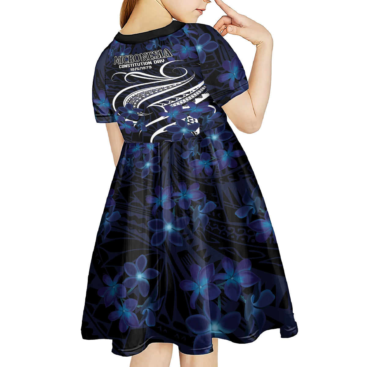 Micronesia Constitution Day Kid Short Sleeve Dress Since 1979 with Polynesian Hibiscus Pattern LT9 - Polynesian Pride