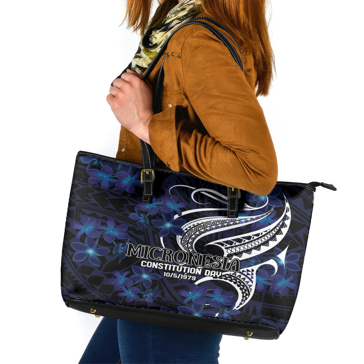 Micronesia Constitution Day Leather Tote Bag Since 1979 with Polynesian Hibiscus Pattern LT9 Blue - Polynesian Pride
