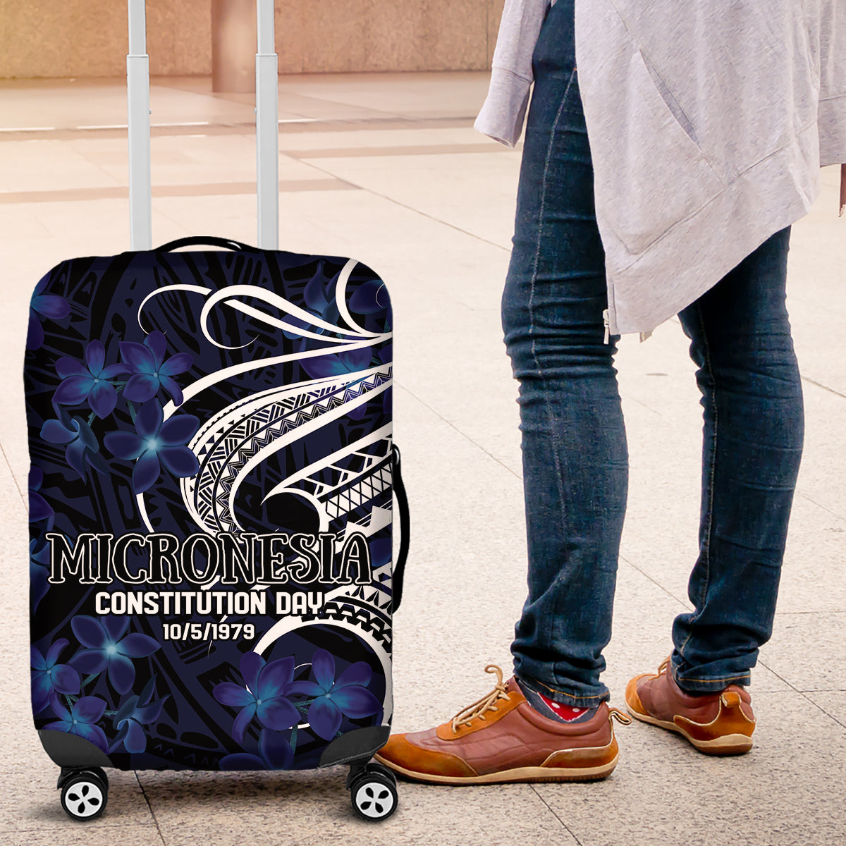 Micronesia Constitution Day Luggage Cover Since 1979 with Polynesian Hibiscus Pattern