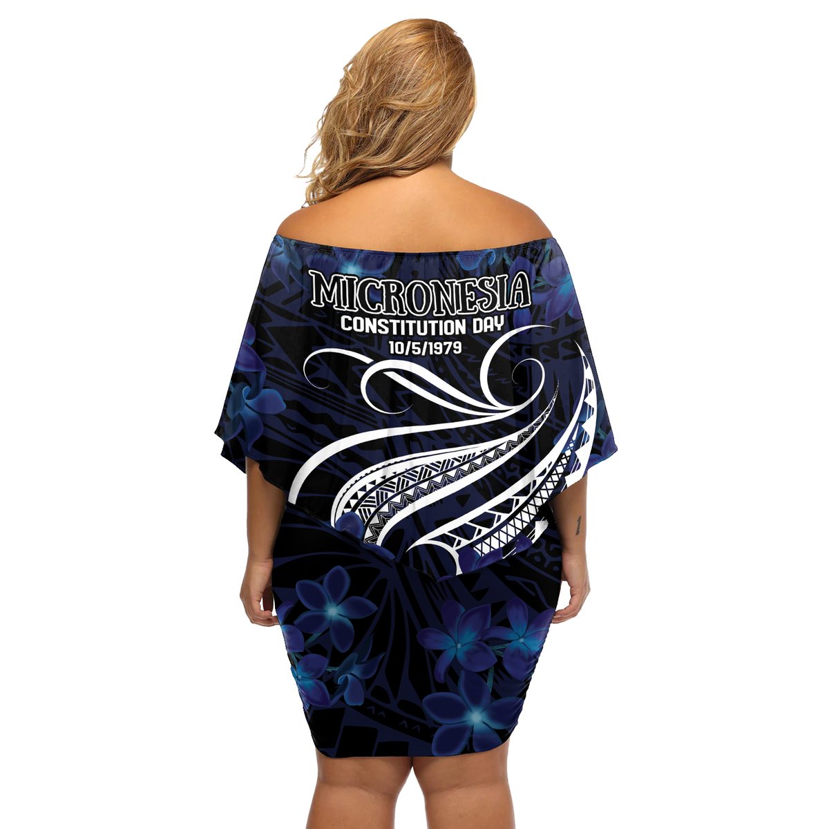 Micronesia Constitution Day Off Shoulder Short Dress Since 1979 with Polynesian Hibiscus Pattern LT9 - Polynesian Pride