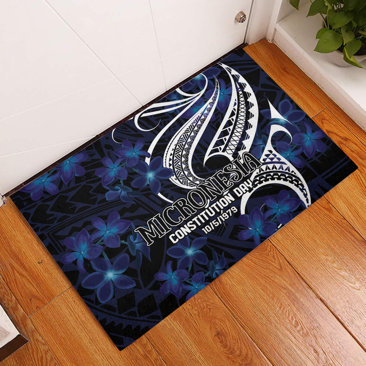 Micronesia Constitution Day Rubber Doormat Since 1979 with Polynesian Hibiscus Pattern LT9 Blue - Polynesian Pride